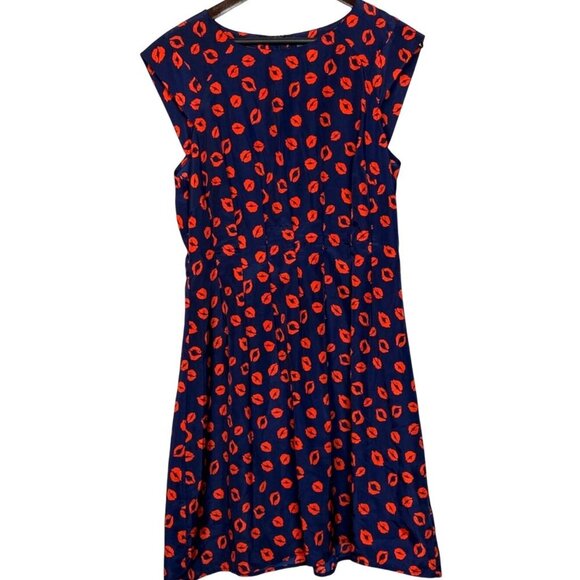 Neiman Marcus Navy Red Lips Kiss Print Cap Sleeve A-Line Mini Dress Size 14 - Picture 13 of 13